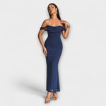 Off-Shoulder Raffungskleid, dunkelblau, figurbetontes Maxikleid mit Bardot-Ausschnitt