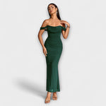 Ione Off-Shoulder-Raffung-Bodycon-Kleid, dunkelgrün, figurbetont, bodenlang