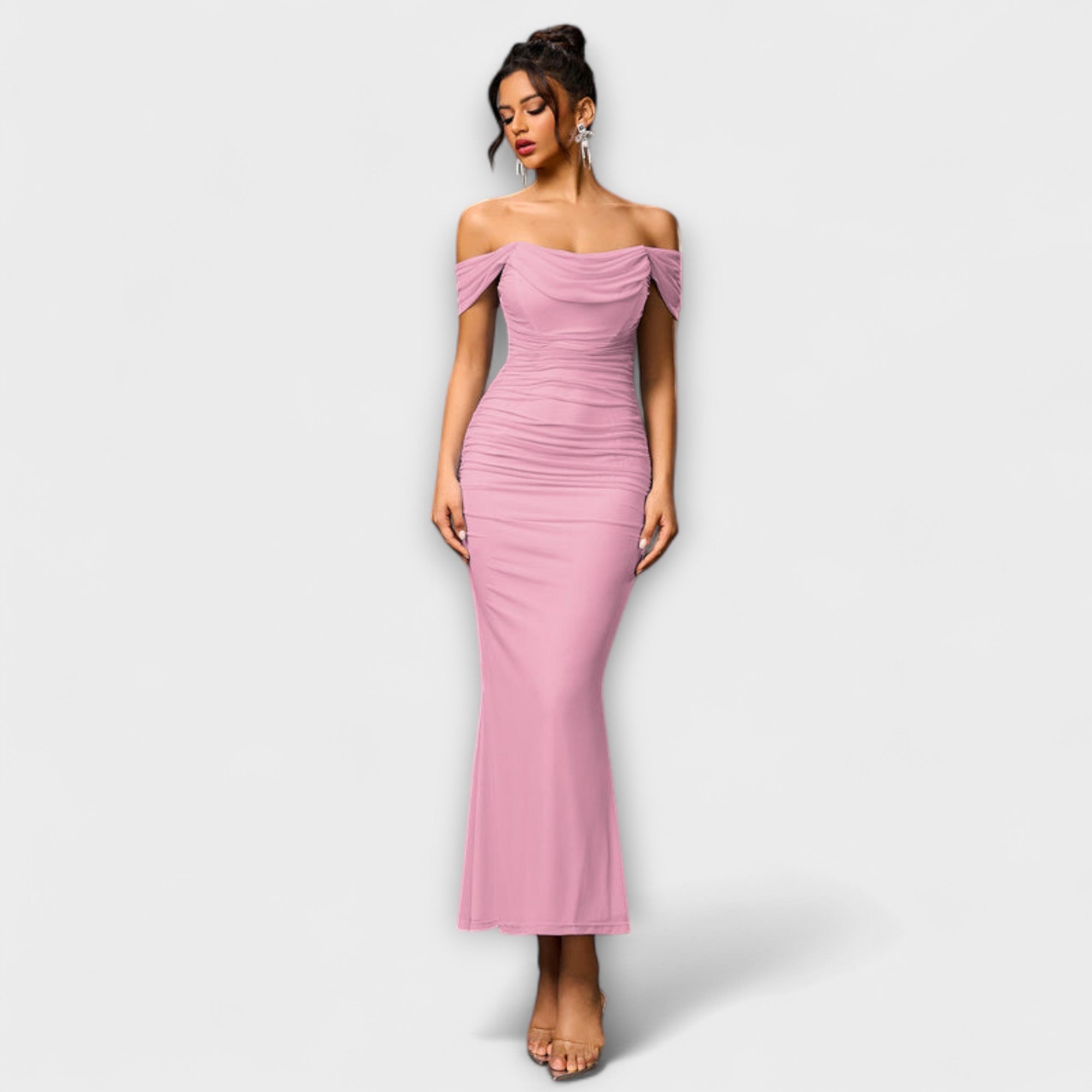 Off-Shoulder Bodycon-Kleid mit Raffung, schulterfrei, langes Midi in Rosé