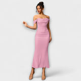 Fliederfarbenes Off-Shoulder-Bodycon-Midikleid mit Raffung am Oberteil