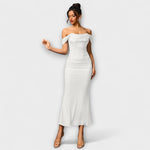 Off-Shoulder Bodycon-Kleid mit Raffung, schmaler Schnitt, langes Midi in Weiß