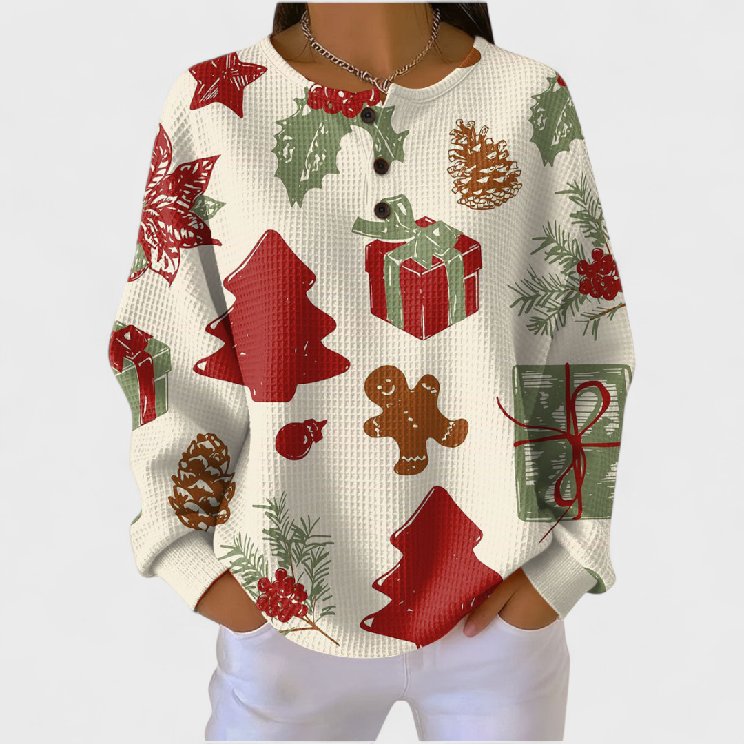 Weihnachtlicher Pullover mit langem Arm, cremefarben und bunten Geschenk- und Tannensymbolen