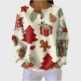 Weihnachtlicher Pullover mit langem Arm, cremefarben und bunten Geschenk- und Tannensymbolen