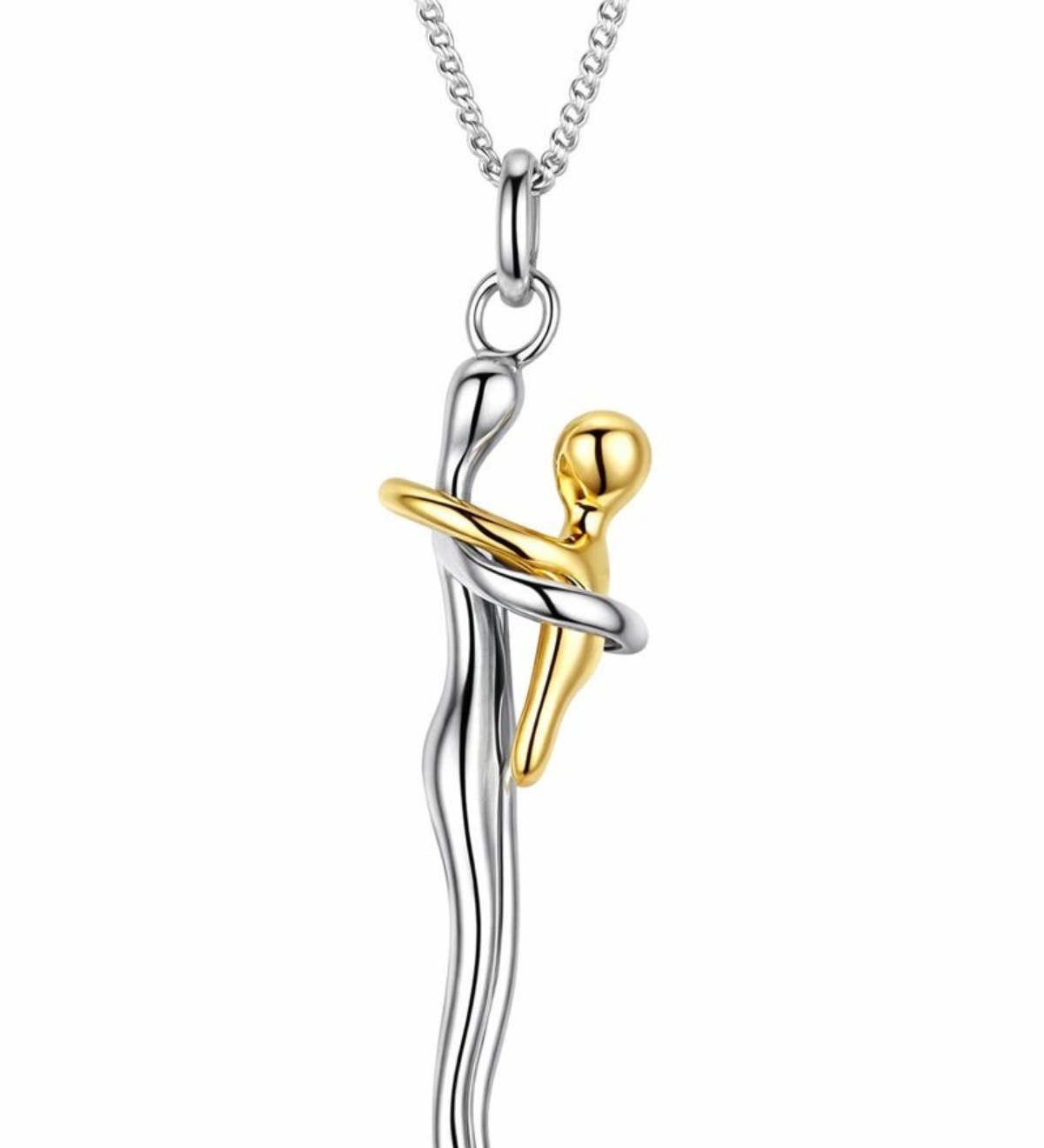 Halskette mit zweifarbigen Liebe-Anhänger, goldfarbene Akzente, silberne Kette
