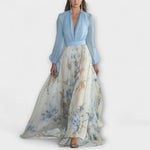 Blumen-Maxikleid mit V-Ausschnitt, langen Ballonärmeln, blauem Oberteil und floralem Rock