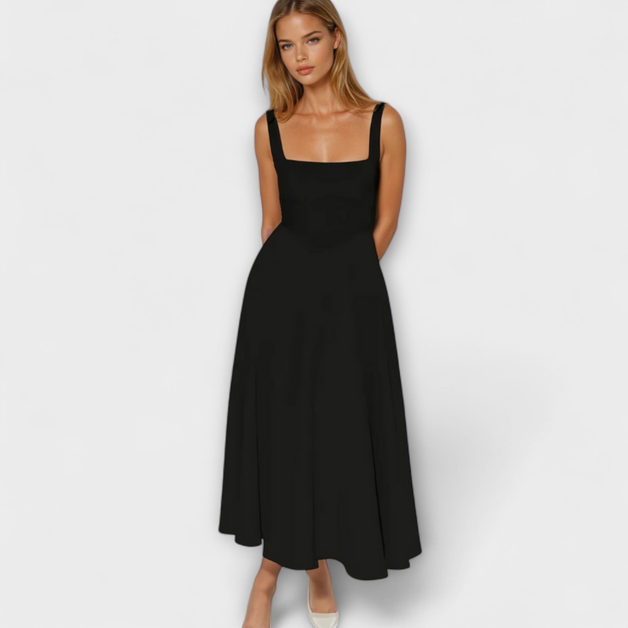 Schwarzes Abendkleid mit schmalen Trägern, eckigem Ausschnitt und weitem Midirock