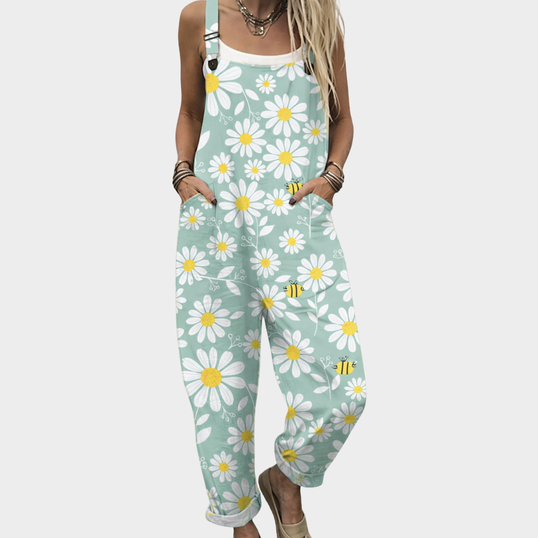 Bedruckter Jumpsuit mit Trägern, mintgrün und weißen Gänseblümchen
