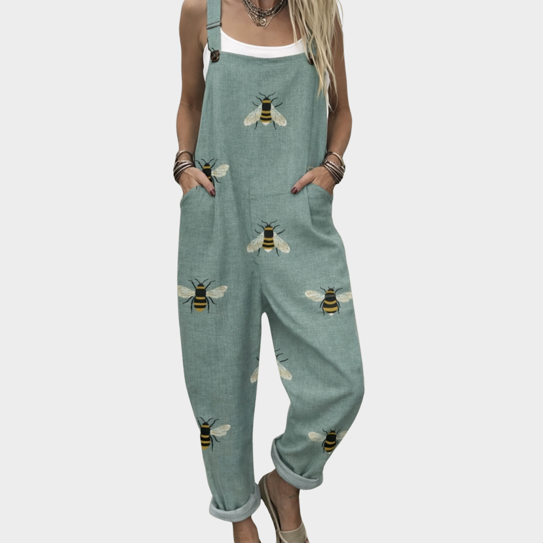 Bequeme bedruckte Latzhose in Grün mit Bienenmotiv, verstellbare Träger, weitem Bein