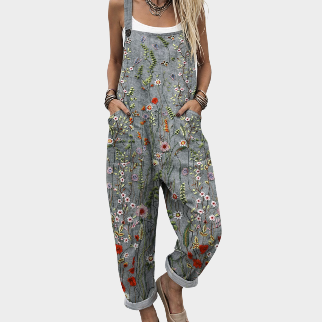 Latzhose mit gestreutem Blumenmuster, grau-blaue Baumwolloptik, verstellbare Träger