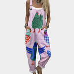 Bedruckter Jumpsuit mit Vogelmotiv, lila-rosa, ärmellos mit Trägern und weitem Bein