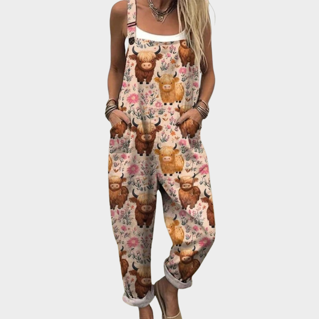 Bequemer Druckoverall mit Trägern und buntem Tier-Blumenmuster, lockere Passform