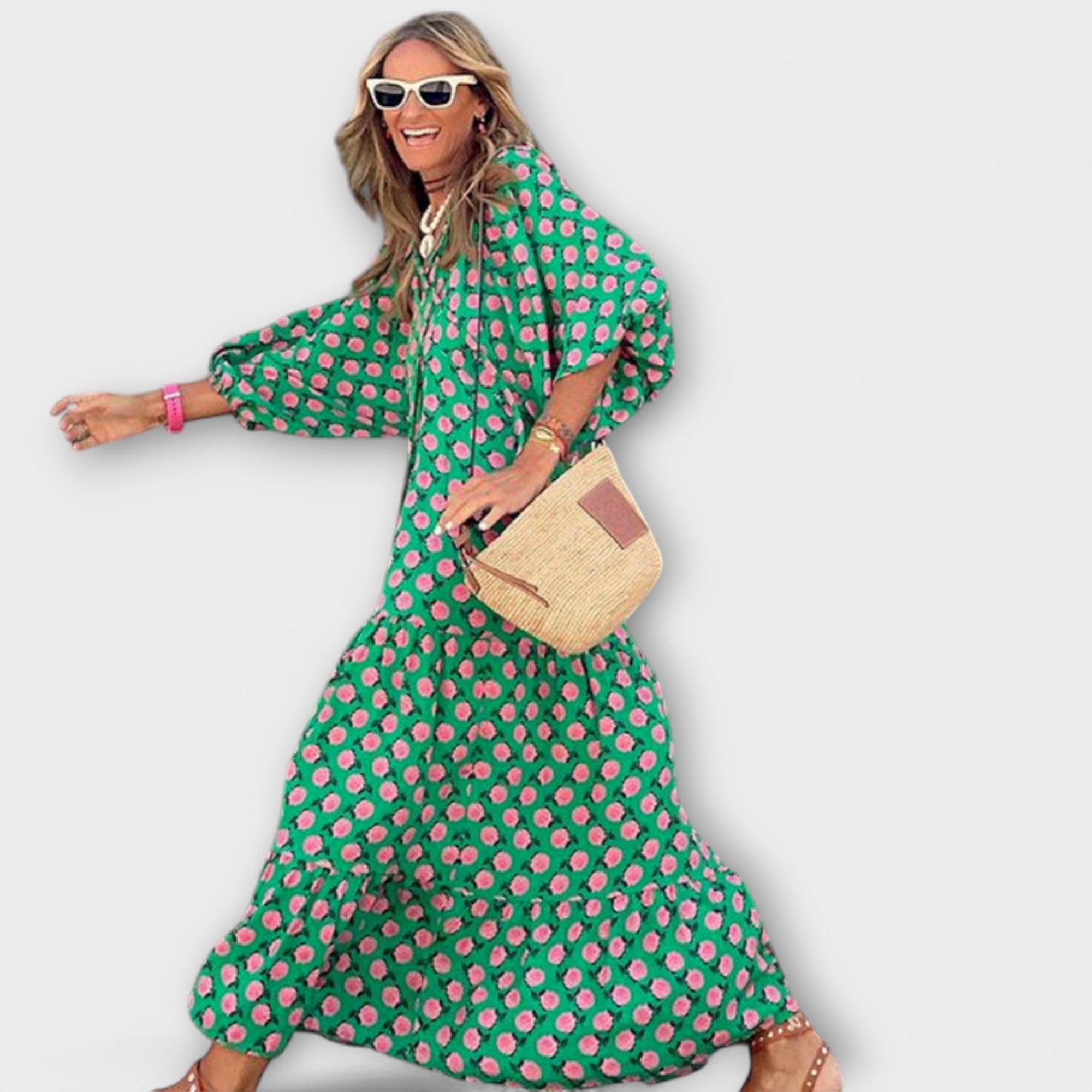 Grünes Maxikleid mit V-Ausschnitt, Glockenrock und geometrischem Punkte-Muster