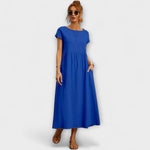 Sommerkleid Blau mit weitem Rock, kurzen Ärmeln und Taschen