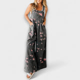 Jeans-Latzhose mit weitem Bein, dunkelgrauem Denim und rosafarbenem Blumenprint