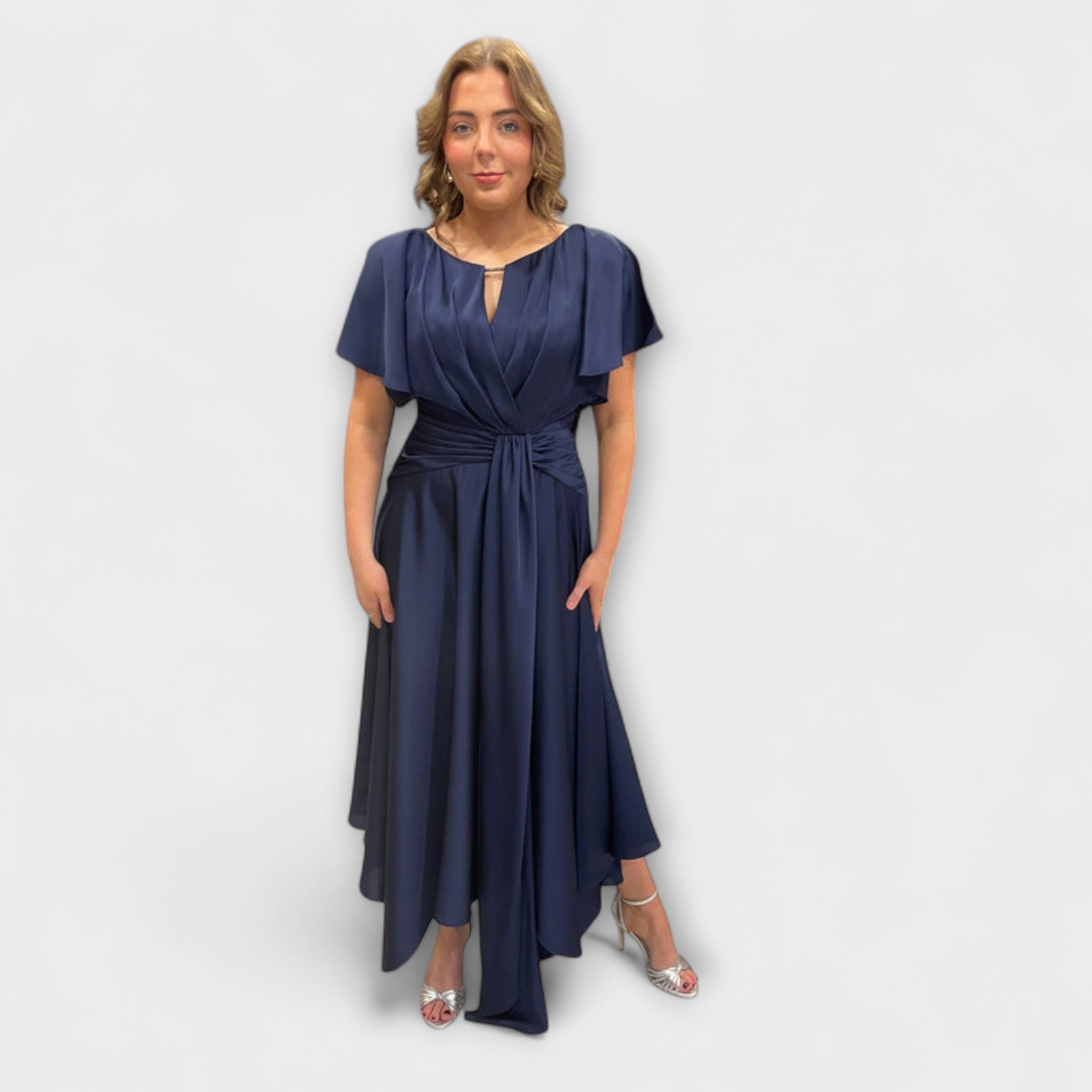 Drapiertes Rockkleid in Marineblau mit Taillenschnürung, Kurzarm und asymmetrischem Saum