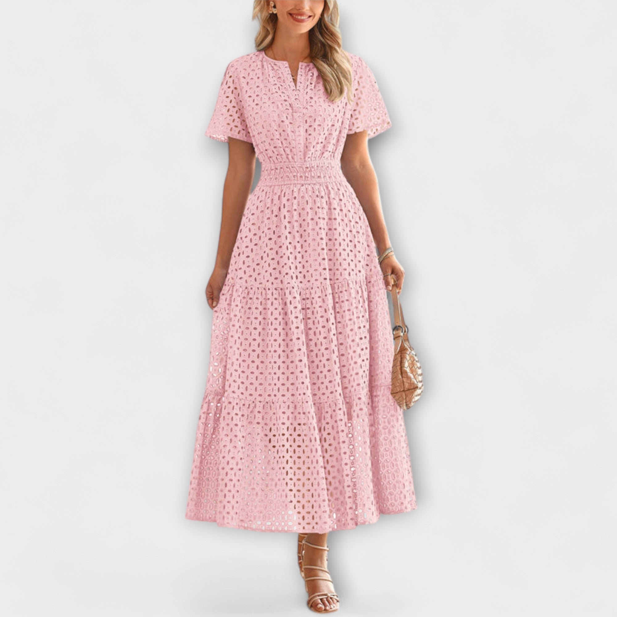 Rosa Spitzen-Sommerkleid mit V-Ausschnitt, kurzen Ärmeln und ausgestelltem Rock