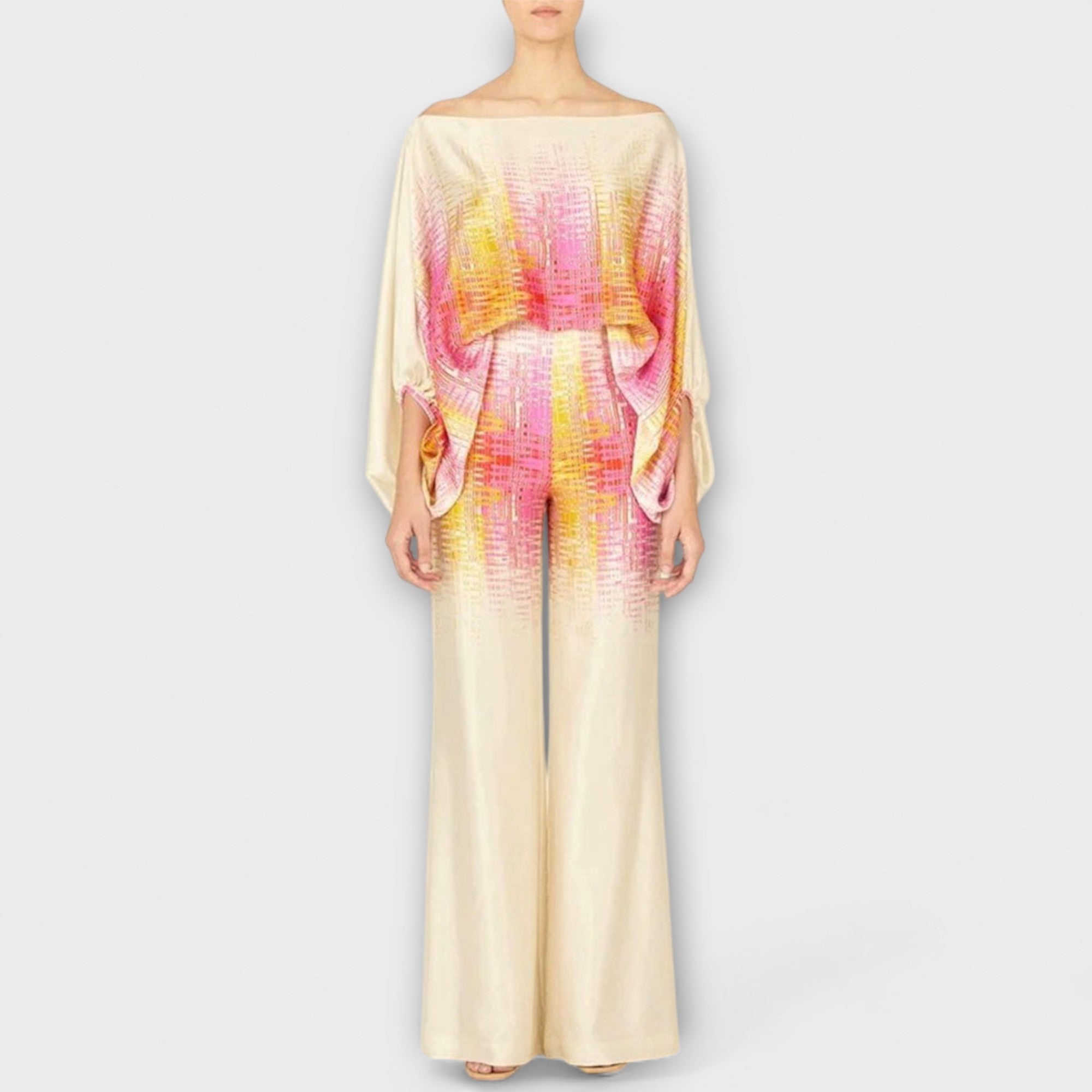 Sommer-Set aus Oberteil und Palazzo-Hose, abstraktes Karo-Raster in Pink auf Creme