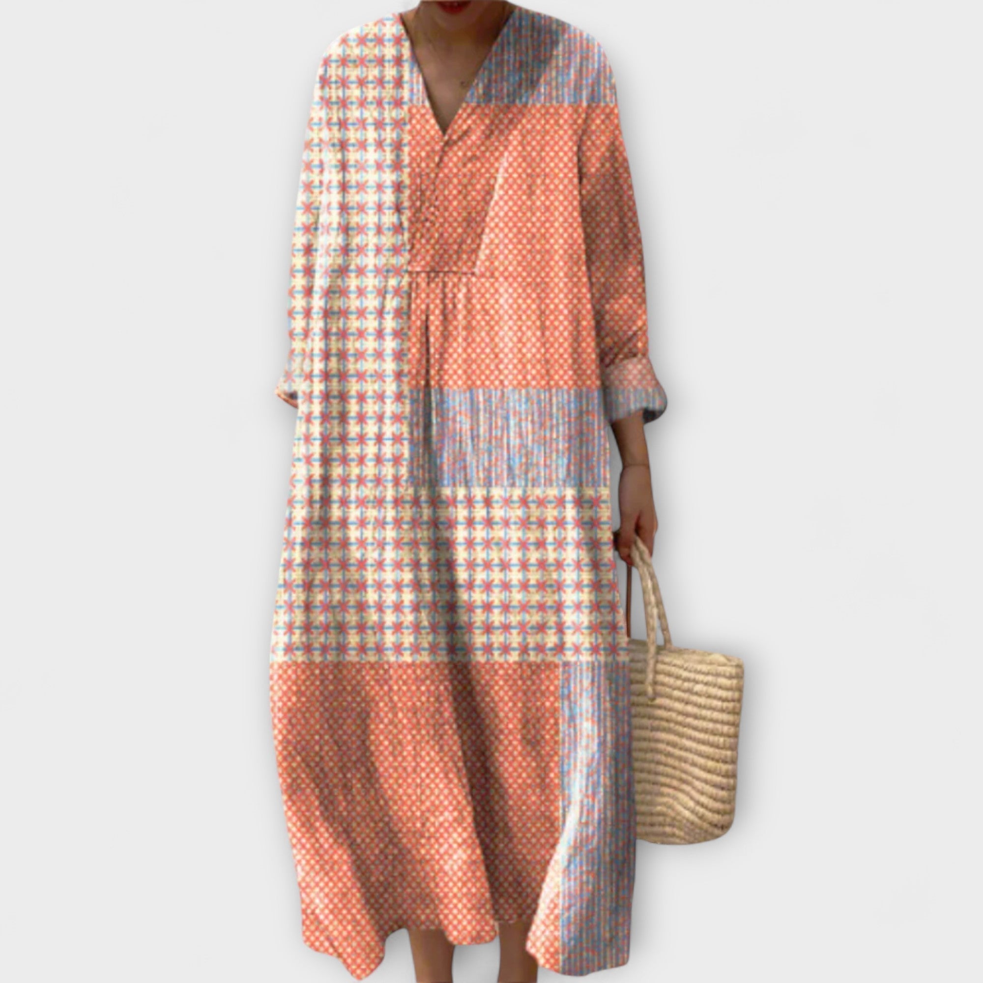 Elegantes Kleid mit geometrischem Muster in Orange, Blau und Weiß, V-Ausschnitt