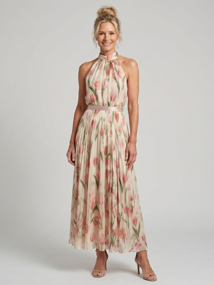 Midi-Kleid mit Haltern und Blumenmuster, ärmellos, hohe schmale Passe, fließender Rock