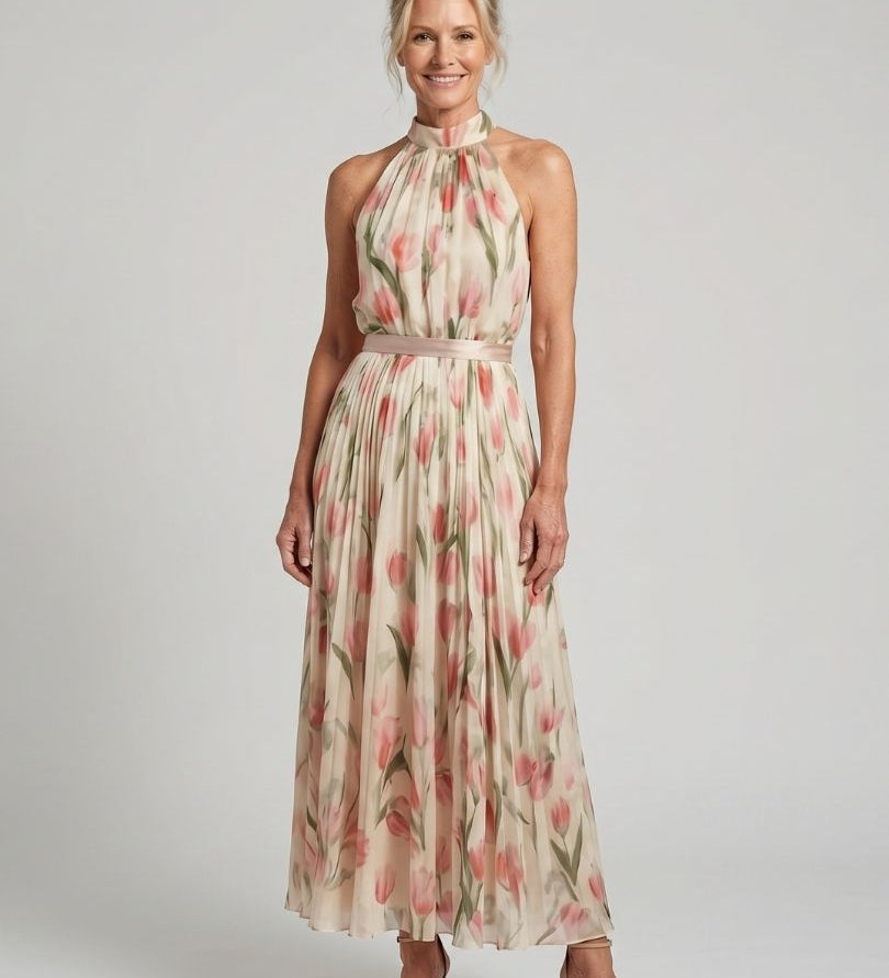 Midi-Kleid mit Haltern und Blumenmuster, ärmellos, hohe schmale Passe, fließender Rock