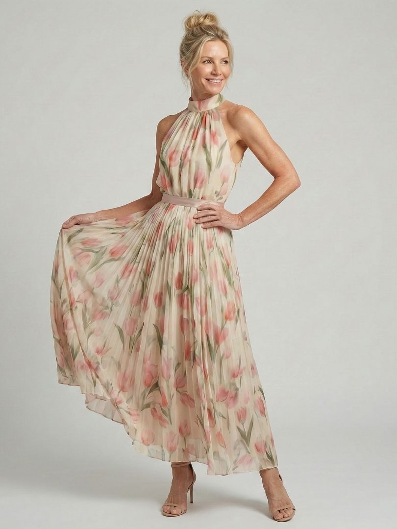 Halter-Midi-Kleid mit Blumenmuster, hohe Kante am Halsausschnitt, plissierter, schwingender Rock