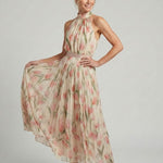 Halter-Midi-Kleid mit Blumenmuster, hohe Kante am Halsausschnitt, plissierter, schwingender Rock