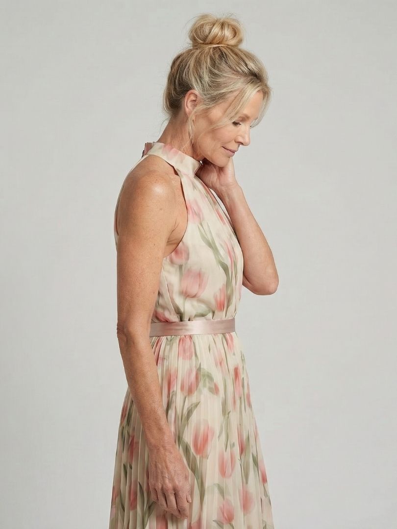 Ärmelloses Halter-Midi-Kleid mit Blumenprint, schmaler Taille mit Gürtel, leichter Rock
