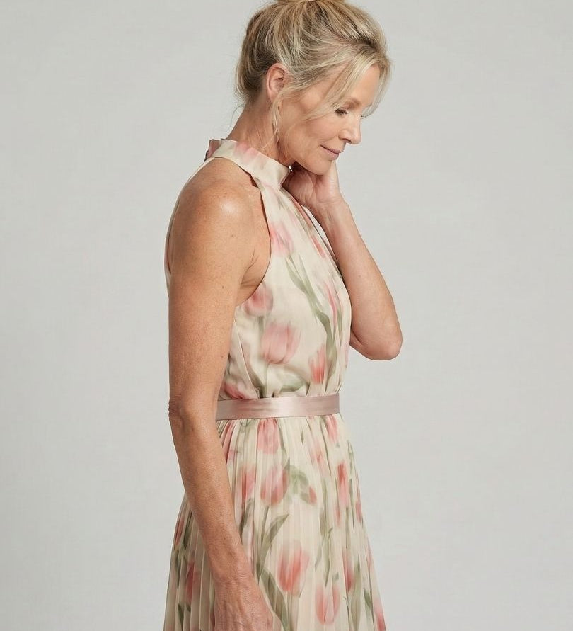 Ärmelloses Halter-Midi-Kleid mit Blumenprint, schmaler Taille mit Gürtel, leichter Rock