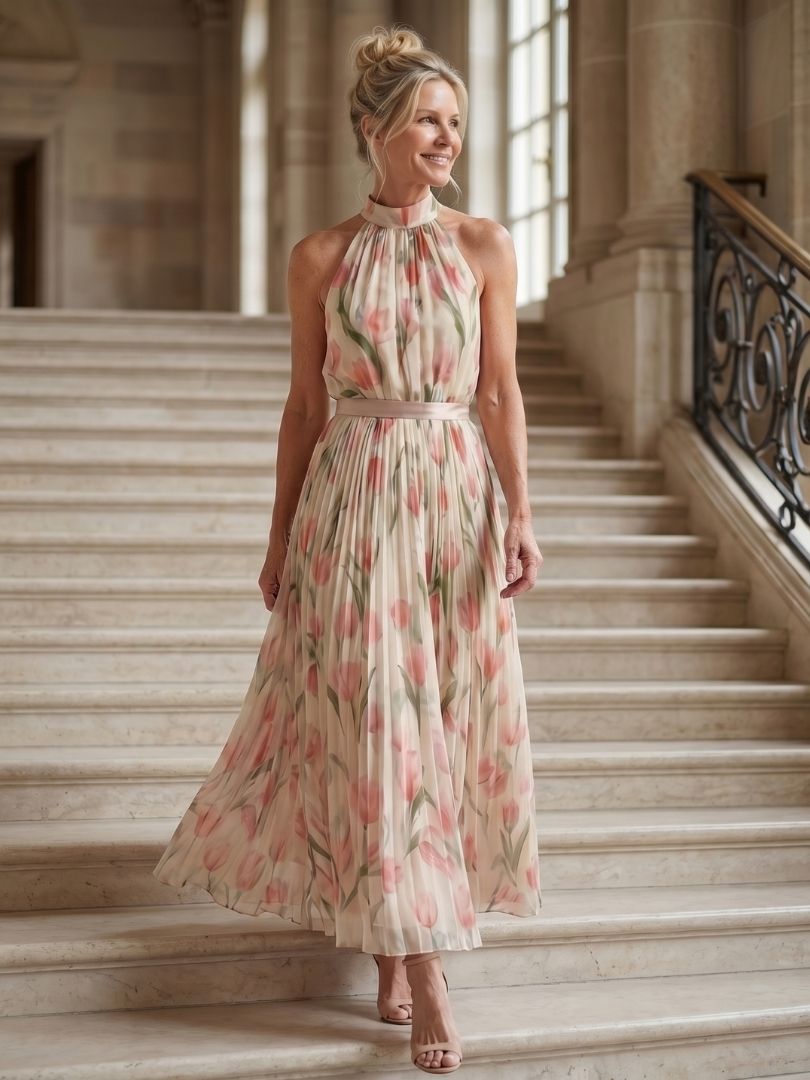 Midi-Kleid mit Haltern und Blumenmuster, ärmellos, hohe Passe am Ausschnitt, fließender Rock