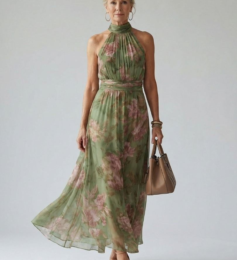 Gerafftes Midikleid im Salbeigrün mit floralen Mustern und Halterhalsausschnitt