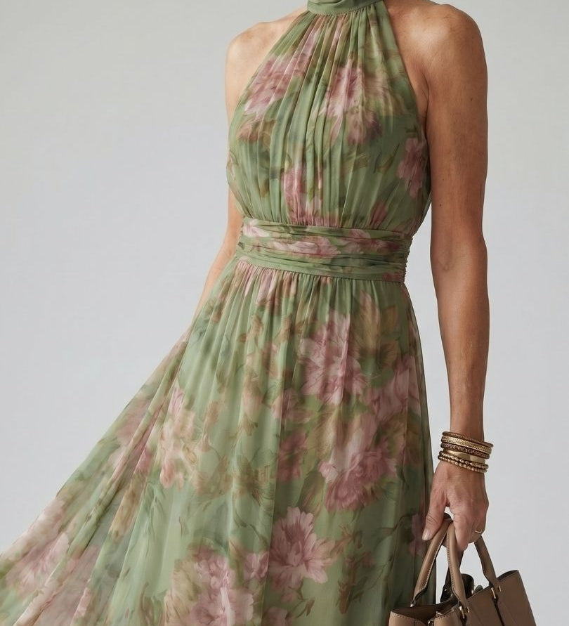 Ärmelloses Midikleid mit Halter-Halsausschnitt, geraffter Brust und floralen Blüten