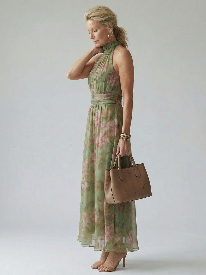 Midikleid mit gekräuseltem Halterkragen und gerafftem Rock, florales Muster