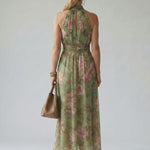Rückenansicht Midikleid mit floralen Blüten, gekräuselter Halter und geraffter Taille