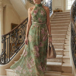 Midikleid mit floralen Blüten, Halterkragen und geraffter Taille, langer weiter Schnitt