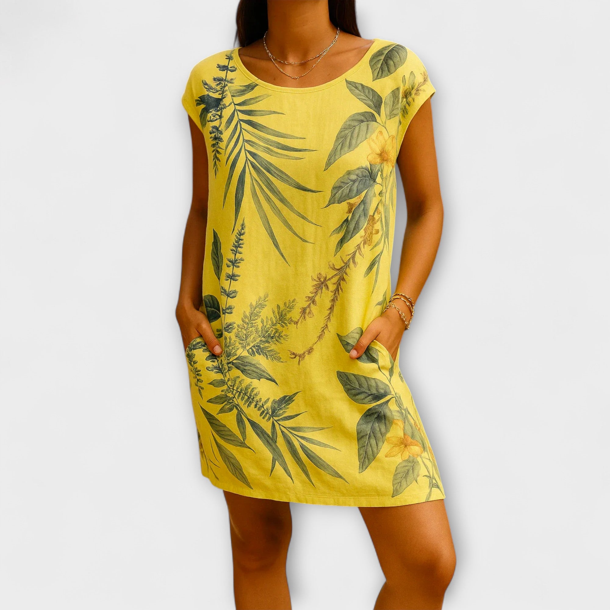 Kleid mit kurzem Arm und Rundhalsausschnitt, locker, Blattmuster auf Gelb