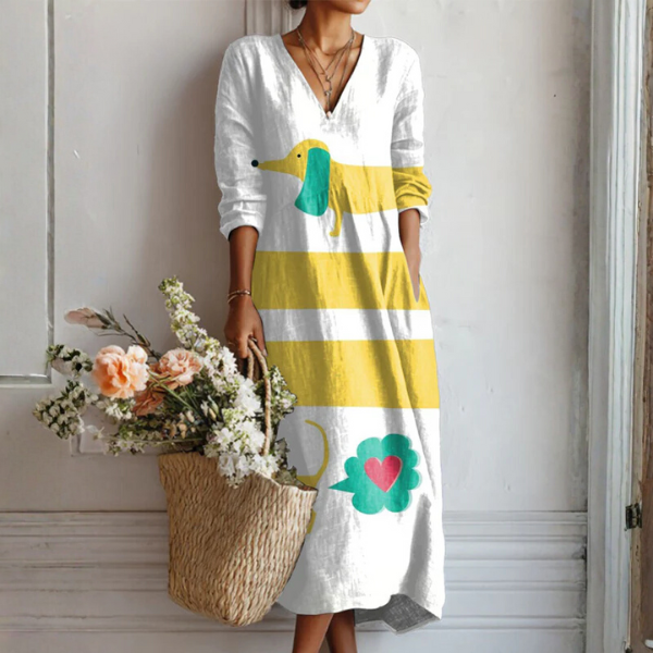 Midi-Kleid mit V-Ausschnitt, gelb-weißen Streifen und Vogelmotiv, 3/4-Ärmel