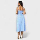 Hope Rüschentop-Kleid mit Schlitzdetail, Karo Blau/Weiß, Spaghettiträger, Rückansicht.