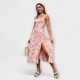 Hope Rüschentop-Kleid mit Schlitzdetail, Blumenprint in Rosa/Weiß, Spaghettiträger.