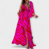 Pinkes Maxikleid mit V-Ausschnitt, Knopfleiste und weitem Ärmel, Zebramuster
