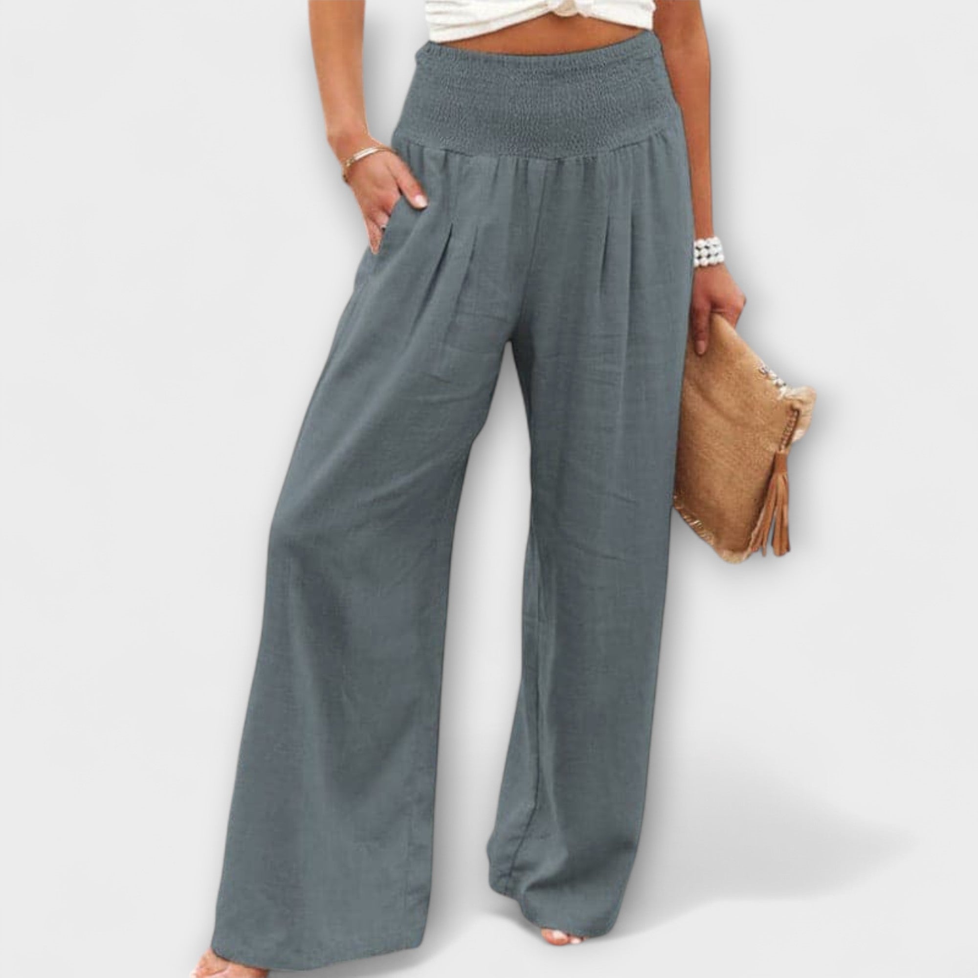 Lässige weite Leinenhose mit elastischem Bund, grau
