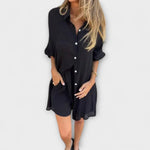 Schwarzes Blusen-Shorts-Set mit Knopfleiste, lockerem Oberteil und kurzen Shorts