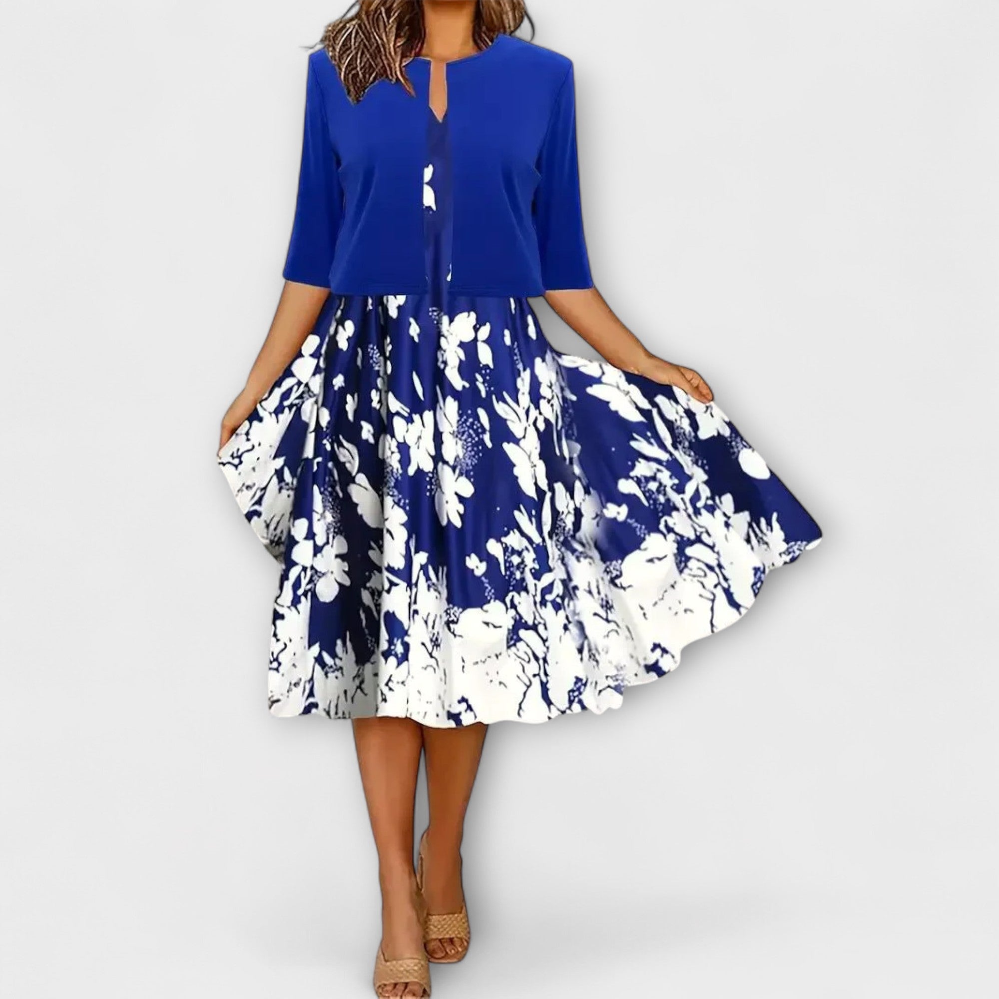 Midi-Kleid mit Blazeroptik, tiefblau und weißem Blumenprint, weite Glockenform