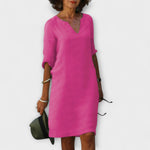 Sommerkleid mit V-Ausschnitt, langem Ärmel, pink, knielang