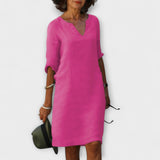 Sommerkleid mit V-Ausschnitt, langem Ärmel, pink, knielang