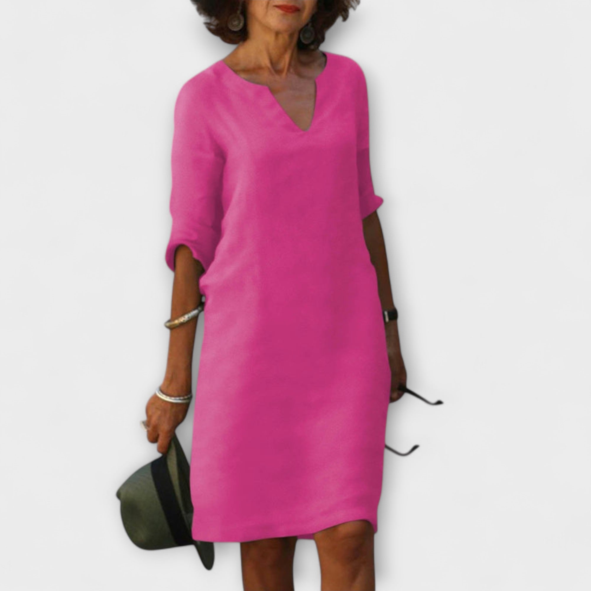 Sommerkleid mit V-Ausschnitt, langem Ärmel, pink, knielang