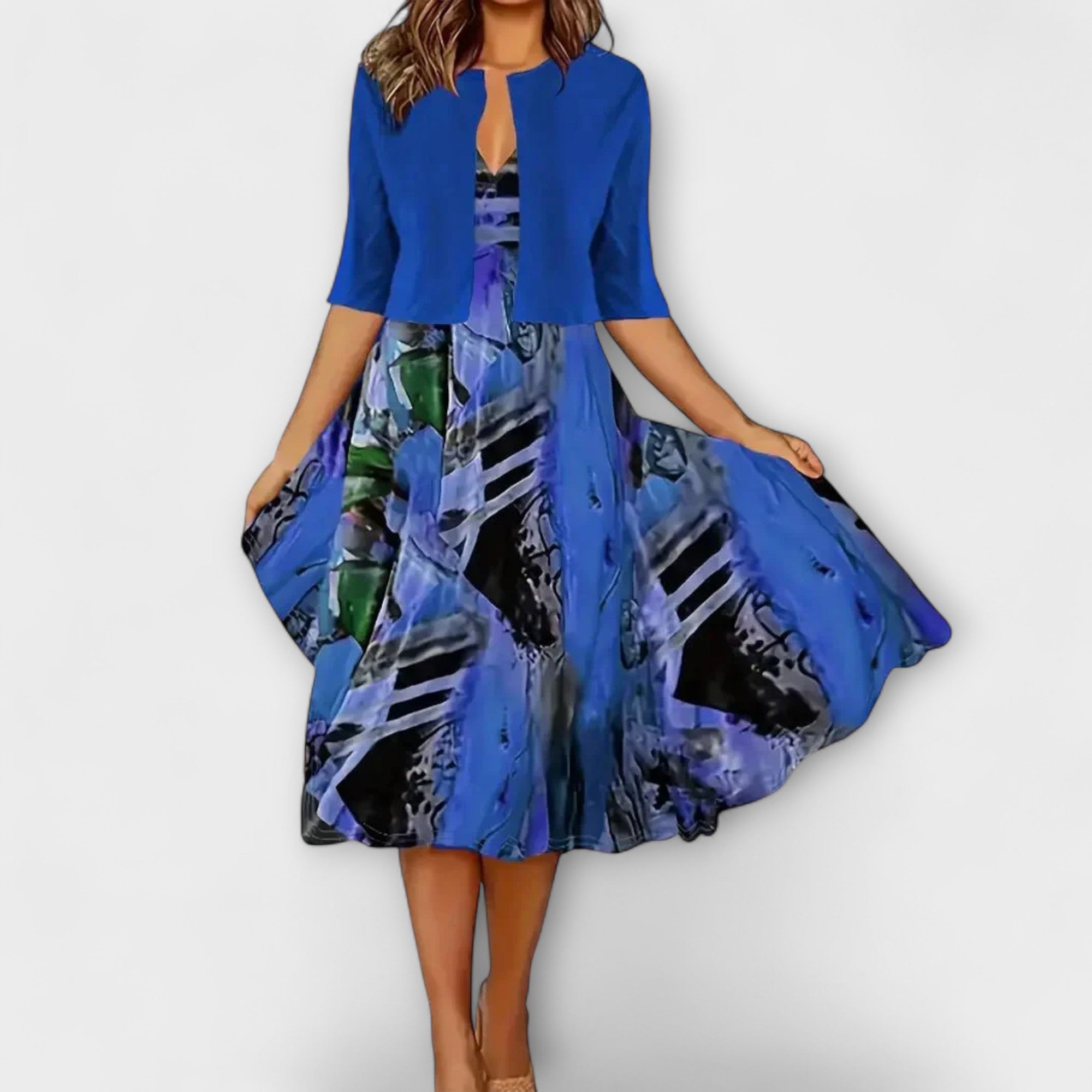 Midi-Kleid mit Blazeroptik, blau gemustert mit abstrakten Streifen, Glockensaum