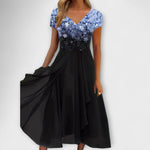 Damen-Chiffonpartykleid mit V-Ausschnitt, Glitzeroberteil blau/schwarz und Volantrock