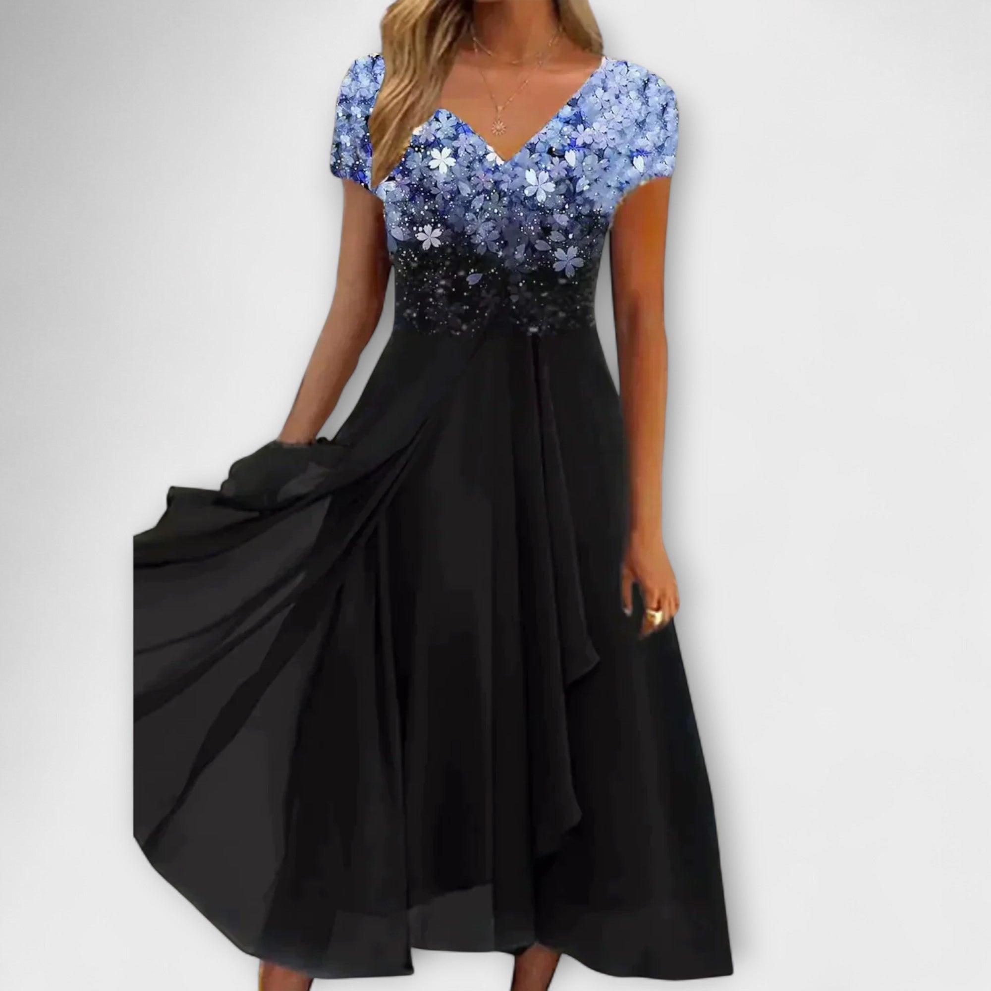 Damen-Chiffonpartykleid mit V-Ausschnitt, Glitzeroberteil blau/schwarz und Volantrock