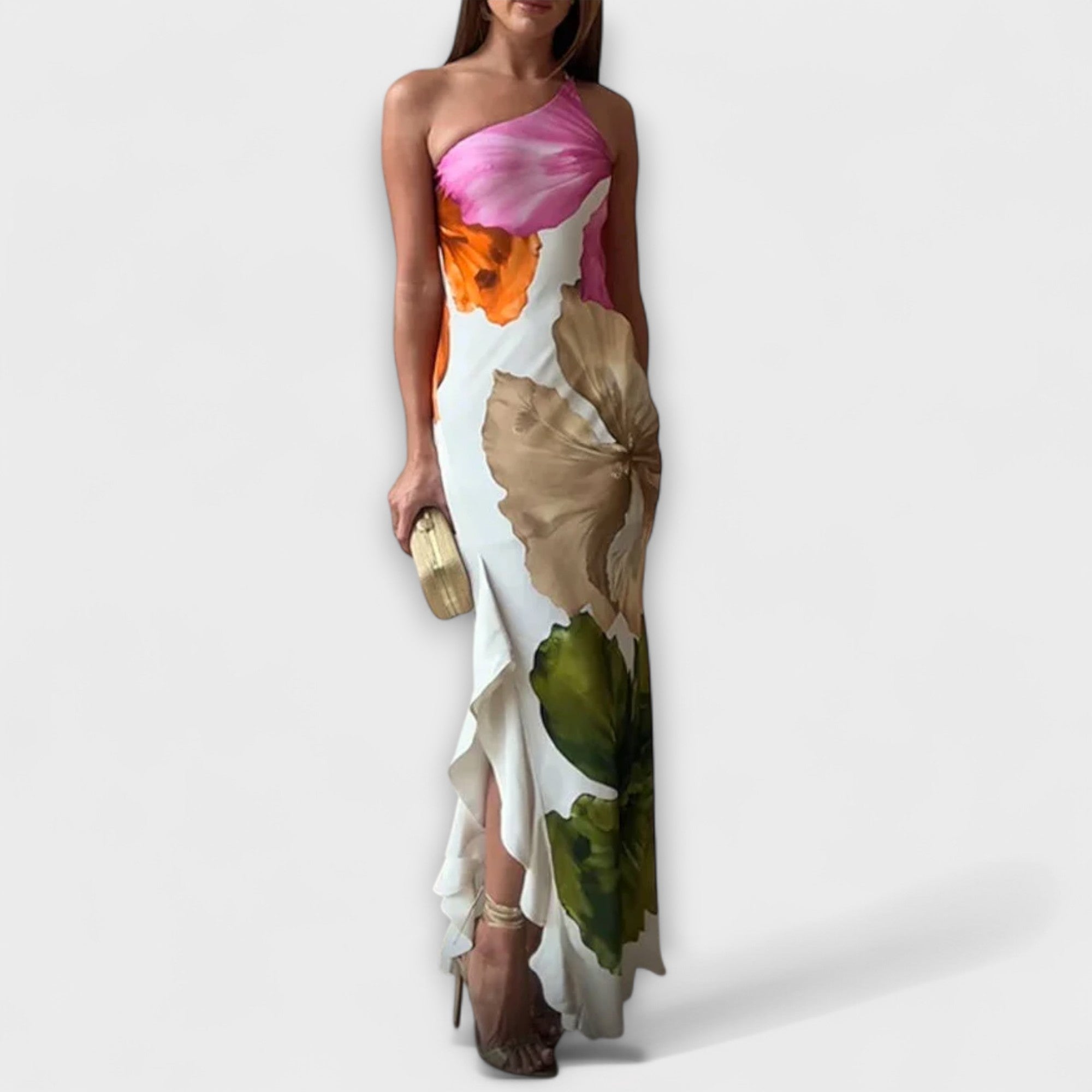 Elegantes Patchwork-Maxikleid mit schrägem Träger und mehrfarbigen Applikationen, asymmetrischer Saum