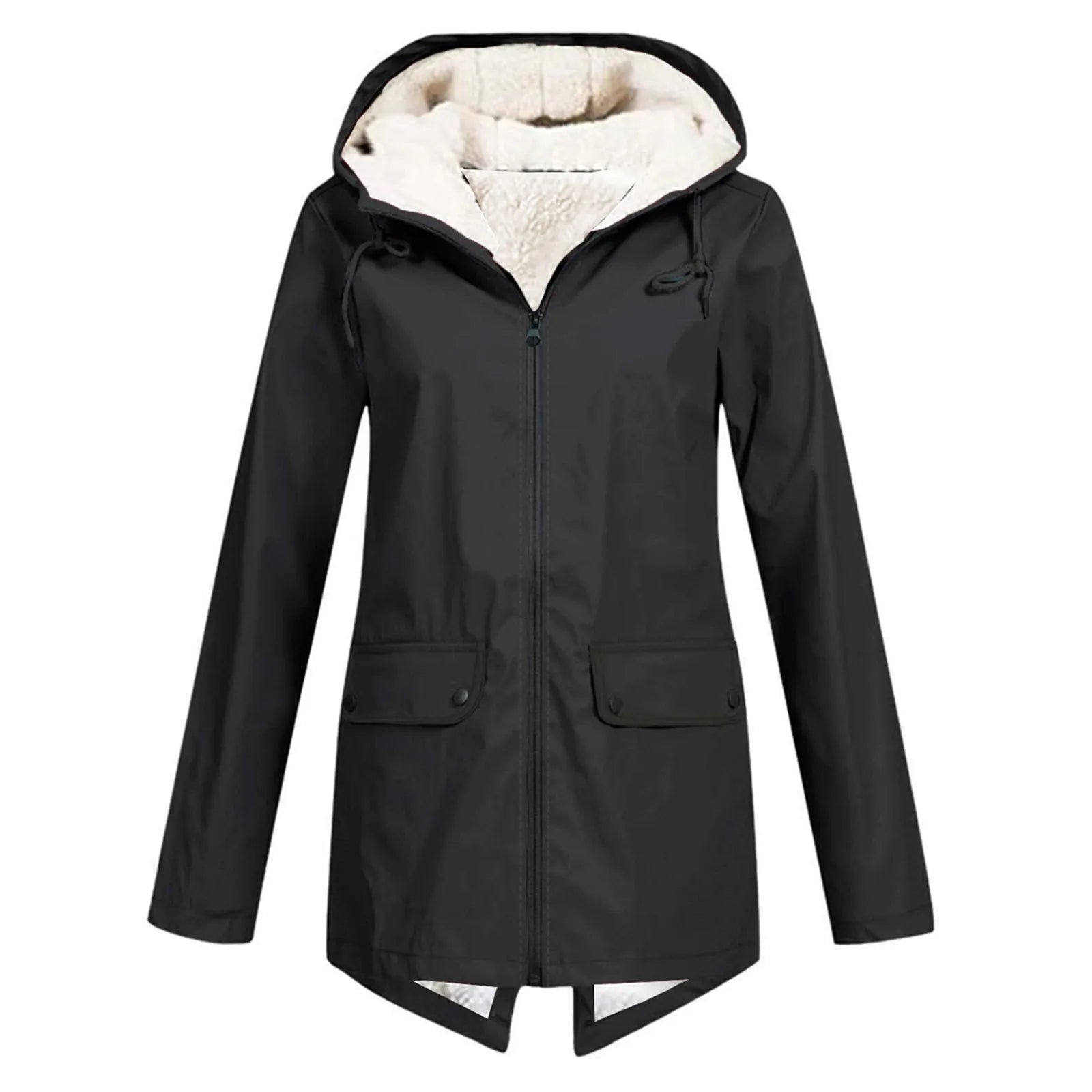 Wind- und Wetterjacke mit sherpa-Kapuze, Reißverschluss, schwarz, 2 Taschen
